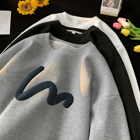 Korean Men Sweatshirt Waffle Fabric Crew Neck Sweatshirts Wave Print Casual Loose Sports Pullovers Streetwear Hoodie