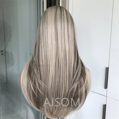 Highlight Blonde Layered Wig Synthetic Lace Front Wig for Women Straight Chocolate Brown Colored Pre Plucked Lace Wig Black