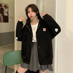 Chic Embroidered Hooded Korean Sweatshirt Women's Cardigan Autumn Thin Coat with Zipper Apricot Streetwear Hoodies (Size M-XL)