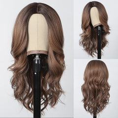 ALAN EATON Ombre Honey Brown Wigs Long Wavy Synthetic Wigs Middle Part Layered Hair Heat Resistant Realistic Fiber Wig Daily Use