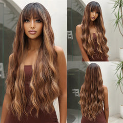 ALAN EATON Ombre Honey Brown Wigs Long Wavy Synthetic Wigs Middle Part Layered Hair Heat Resistant Realistic Fiber Wig Daily Use