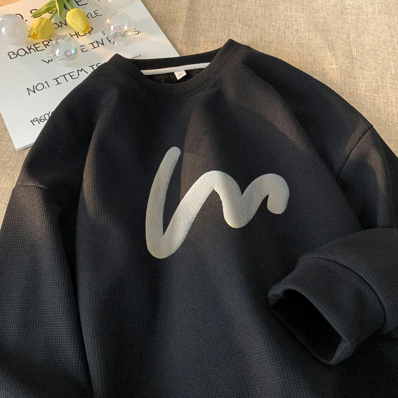 Korean Men Sweatshirt Waffle Fabric Crew Neck Sweatshirts Wave Print Casual Loose Sports Pullovers Streetwear Hoodie