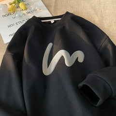 Korean Men Sweatshirt Waffle Fabric Crew Neck Sweatshirts Wave Print Casual Loose Sports Pullovers Streetwear Hoodie
