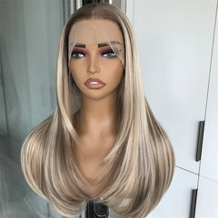 Highlight Blonde Layered Wig Synthetic Lace Front Wig for Women Straight Chocolate Brown Colored Pre Plucked Lace Wig Black
