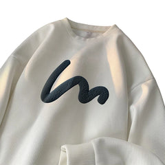 Korean Men Sweatshirt Waffle Fabric Crew Neck Sweatshirts Wave Print Casual Loose Sports Pullovers Streetwear Hoodie