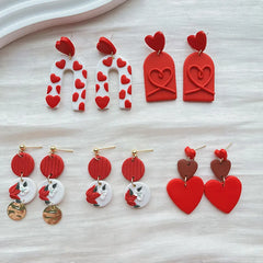 AENSOA Handmade Red Heart Floral Pattern Polymer Clay Earrings for Women Girls Romantic Earrings Valentine's Day Jewelry Gifts