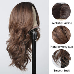 ALAN EATON Ombre Honey Brown Wigs Long Wavy Synthetic Wigs Middle Part Layered Hair Heat Resistant Realistic Fiber Wig Daily Use