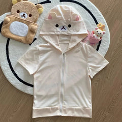 Rilakkuma Cute Cartoon Hoodie Zip-up Hoodie Teddy Bear Ears Long Sleeve Jacket Fashion Women's Casual Cardigan Cotton Clothing
