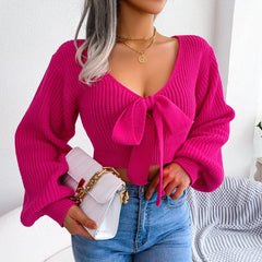 Women Sweater 2023 Fall Casual Sexy Bow Long Sleeve Knitted Pullovers Crop Top