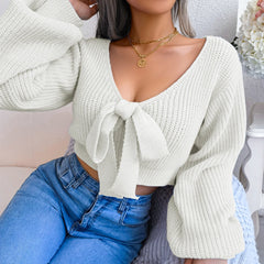 Women Sweater 2023 Fall Casual Sexy Bow Long Sleeve Knitted Pullovers Crop Top