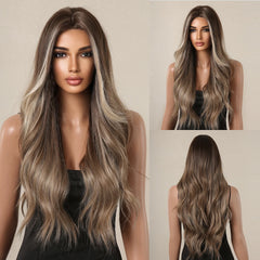 GEMMA Synthetic Hairline Lace Wig Dark Brown Highlight Long Natural Wavy Wigs Women Cosplay Daily Hair Wig Heat Resistant Fibre