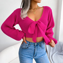 Women Sweater 2023 Fall Casual Sexy Bow Long Sleeve Knitted Pullovers Crop Top