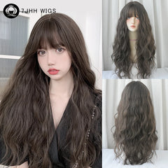 7JHH WIGS Shoulder Length Brown Wig for Women Daily Use High Density Synthetic Layered Brown Bob Wigs with Air Bangs