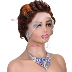 Short Curly Wigs Transparent 13x4 Lace Frontal Wig Natural Burgundy Piano Color Human Hair Wigs for Balck Women Perruque Catalin