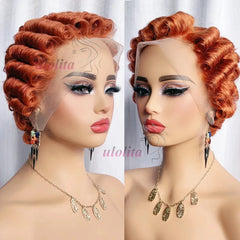 Short Curly Wigs Transparent 13x4 Lace Frontal Wig Natural Burgundy Piano Color Human Hair Wigs for Balck Women Perruque Catalin