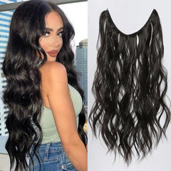 Synthetic Long Wavy No Clip Hair Extension Brown Artificial Fish Line False Hairpiece Natural Hair for Women Heat Resistant