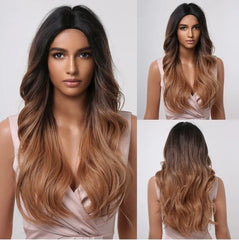 ALAN EATON Ombre Honey Brown Wigs Long Wavy Synthetic Wigs Middle Part Layered Hair Heat Resistant Realistic Fiber Wig Daily Use