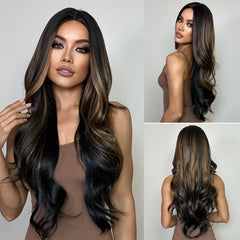 ALAN EATON Ombre Honey Brown Wigs Long Wavy Synthetic Wigs Middle Part Layered Hair Heat Resistant Realistic Fiber Wig Daily Use