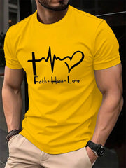 Men's Summer 100% Cotton Fashionable Casual Loose Large Size FAITH HOPE LOVE Printed Sports Round Neck Short Sleeve T-shirt Top