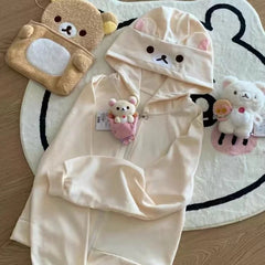 Rilakkuma Cute Cartoon Hoodie Zip-up Hoodie Teddy Bear Ears Long Sleeve Jacket Fashion Women's Casual Cardigan Cotton Clothing