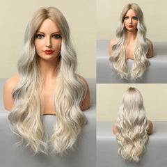ALAN EATON Ombre Honey Brown Wigs Long Wavy Synthetic Wigs Middle Part Layered Hair Heat Resistant Realistic Fiber Wig Daily Use