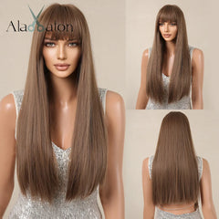 ALAN EATON Ombre Honey Brown Wigs Long Wavy Synthetic Wigs Middle Part Layered Hair Heat Resistant Realistic Fiber Wig Daily Use