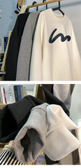 Korean Men Sweatshirt Waffle Fabric Crew Neck Sweatshirts Wave Print Casual Loose Sports Pullovers Streetwear Hoodie