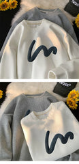 Korean Men Sweatshirt Waffle Fabric Crew Neck Sweatshirts Wave Print Casual Loose Sports Pullovers Streetwear Hoodie