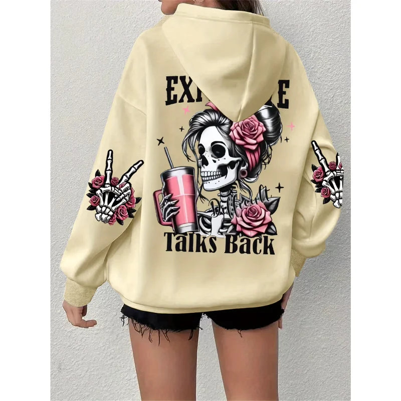 Expensive Talks Back Letter Print Hoodies Women Loose Comfortable Casual Pullover Skull Design Sweatshirt Harajuku Tops Clothing