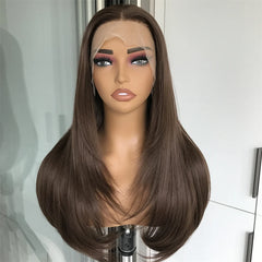 Highlight Blonde Layered Wig Synthetic Lace Front Wig for Women Straight Chocolate Brown Colored Pre Plucked Lace Wig Black