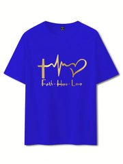 Men's Summer 100% Cotton Fashionable Casual Loose Large Size FAITH HOPE LOVE Printed Sports Round Neck Short Sleeve T-shirt Top