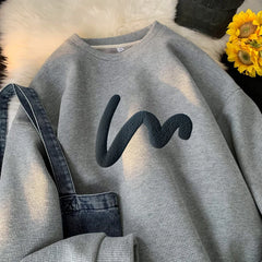 Korean Men Sweatshirt Waffle Fabric Crew Neck Sweatshirts Wave Print Casual Loose Sports Pullovers Streetwear Hoodie