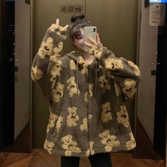 Hoodies Women Sweatshirts Animal Hooded Thickening Leisure Fleece Cartoon Bear Plush Fleece Zipper Pockets Clothing YKDnz7003
