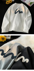 Korean Men Sweatshirt Waffle Fabric Crew Neck Sweatshirts Wave Print Casual Loose Sports Pullovers Streetwear Hoodie