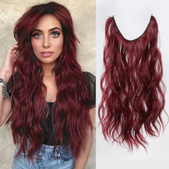 Synthetic Long Wavy No Clip Hair Extension Brown Artificial Fish Line False Hairpiece Natural Hair for Women Heat Resistant