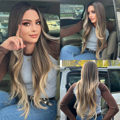 GEMMA Synthetic Hairline Lace Wig Dark Brown Highlight Long Natural Wavy Wigs Women Cosplay Daily Hair Wig Heat Resistant Fibre