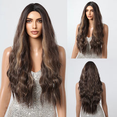 ALAN EATON Ombre Honey Brown Wigs Long Wavy Synthetic Wigs Middle Part Layered Hair Heat Resistant Realistic Fiber Wig Daily Use