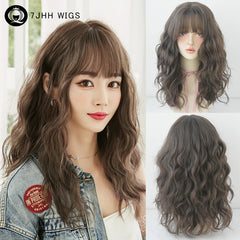7JHH WIGS Shoulder Length Brown Wig for Women Daily Use High Density Synthetic Layered Brown Bob Wigs with Air Bangs