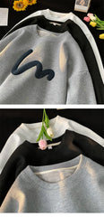 Korean Men Sweatshirt Waffle Fabric Crew Neck Sweatshirts Wave Print Casual Loose Sports Pullovers Streetwear Hoodie