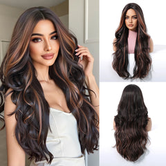 ALAN EATON Ombre Honey Brown Wigs Long Wavy Synthetic Wigs Middle Part Layered Hair Heat Resistant Realistic Fiber Wig Daily Use