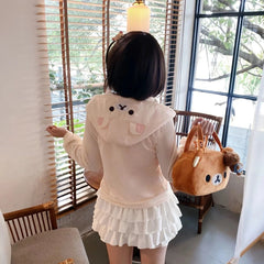 Rilakkuma Cute Cartoon Hoodie Zip-up Hoodie Teddy Bear Ears Long Sleeve Jacket Fashion Women's Casual Cardigan Cotton Clothing