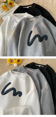 Korean Men Sweatshirt Waffle Fabric Crew Neck Sweatshirts Wave Print Casual Loose Sports Pullovers Streetwear Hoodie