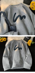 Korean Men Sweatshirt Waffle Fabric Crew Neck Sweatshirts Wave Print Casual Loose Sports Pullovers Streetwear Hoodie