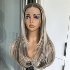 Highlight Blonde Layered Wig Synthetic Lace Front Wig for Women Straight Chocolate Brown Colored Pre Plucked Lace Wig Black