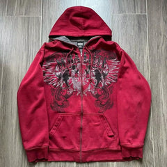 Y2K Fashion Hoodie New Gothic Oversize Pattern Print Embroidery Zipper Hoodie Coat Womens Loose Sweatshirt Couple Casual Hoodie