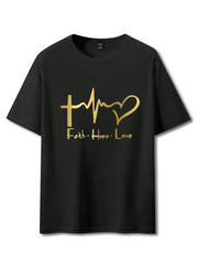 Men's Summer 100% Cotton Fashionable Casual Loose Large Size FAITH HOPE LOVE Printed Sports Round Neck Short Sleeve T-shirt Top