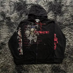 Y2K Fashion Hoodie New Gothic Oversize Pattern Print Embroidery Zipper Hoodie Coat Womens Loose Sweatshirt Couple Casual Hoodie