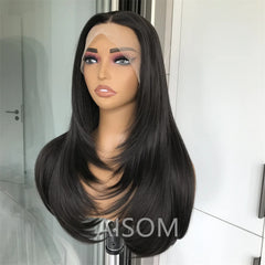 Highlight Blonde Layered Wig Synthetic Lace Front Wig for Women Straight Chocolate Brown Colored Pre Plucked Lace Wig Black