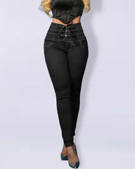 Women Mom Jeans Denim Pencil Pants Bodycon Buttock Lace Up Elastic Waist Pockets High Waist Bandage Sheath Spliced Y2k Button