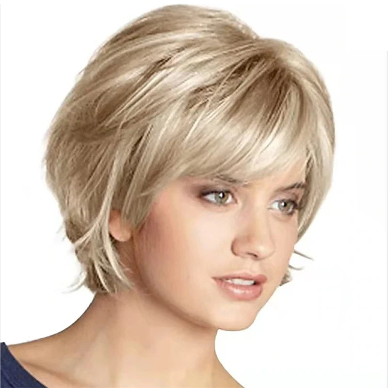 HAIRJOY Short Blonde Wig with Bangs Blonde Mix Brown Wigs for White Women Fluffy Synthetic Hair Womens Wigs